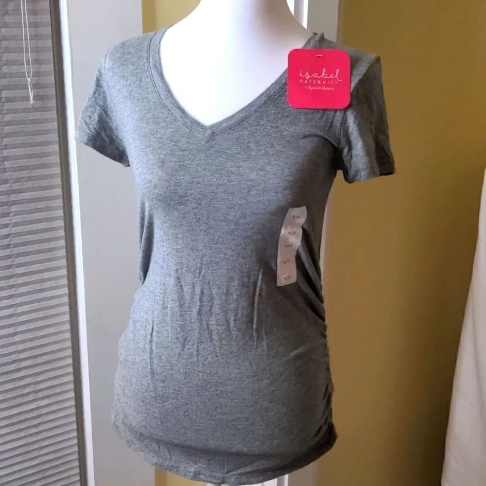Isabel Maternity XS Gray V Neck Short Sleeve T Shirt with Ruched Sides, NEW